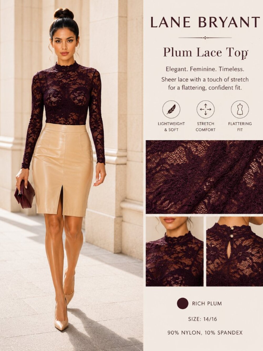 Lane Bryant Plum Floral Lace Mock Neck Top Plus Size 14/16